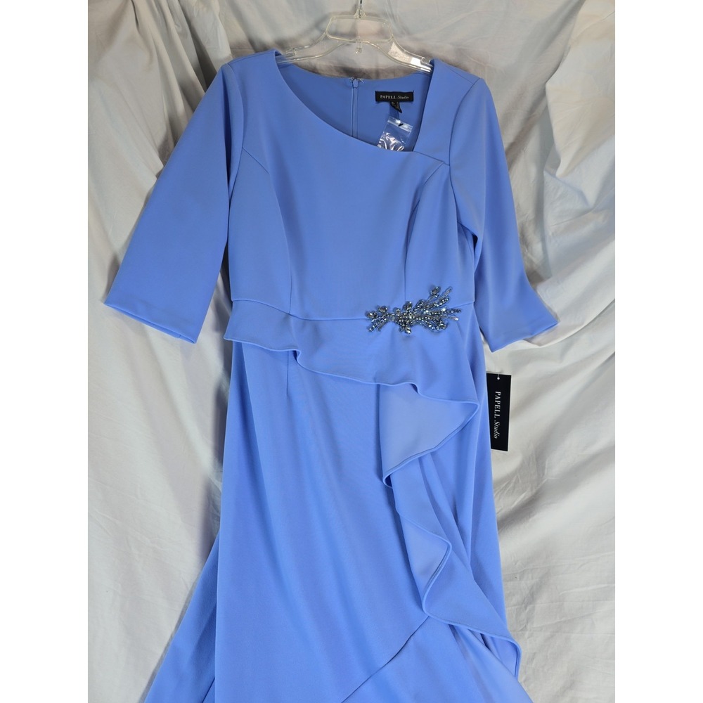Papell Studio Womens Asymetrical Bead Crepe Gown Elegant Electric Ice Size 10